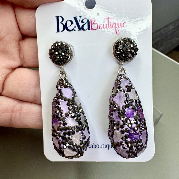 Ornate Purple and Black Dangle Earrings - Picture 1 of 3